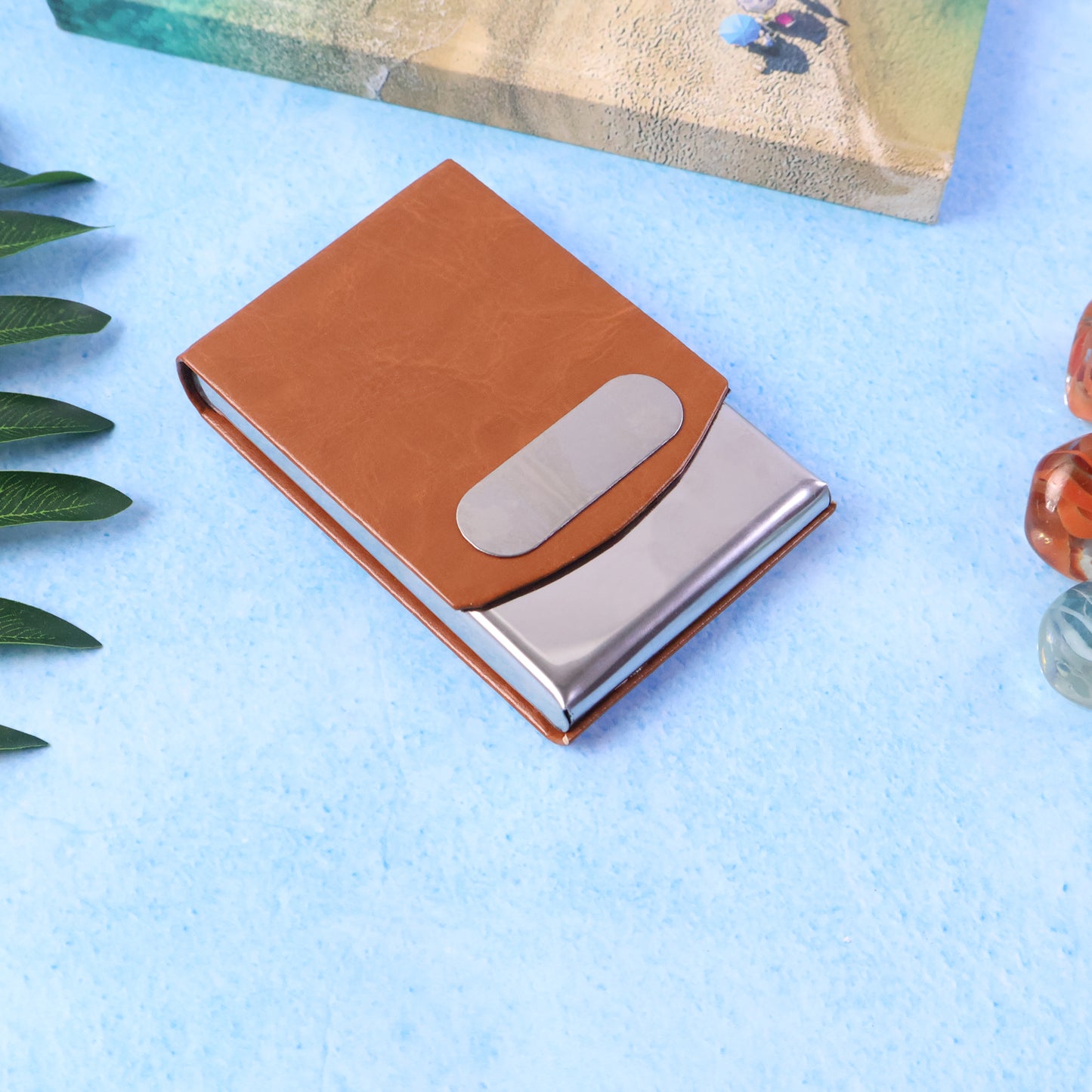 Premium Leather Finish Visiting Card Holder – Stainless Steel Slide-Out Business Card Case (1 Pc)