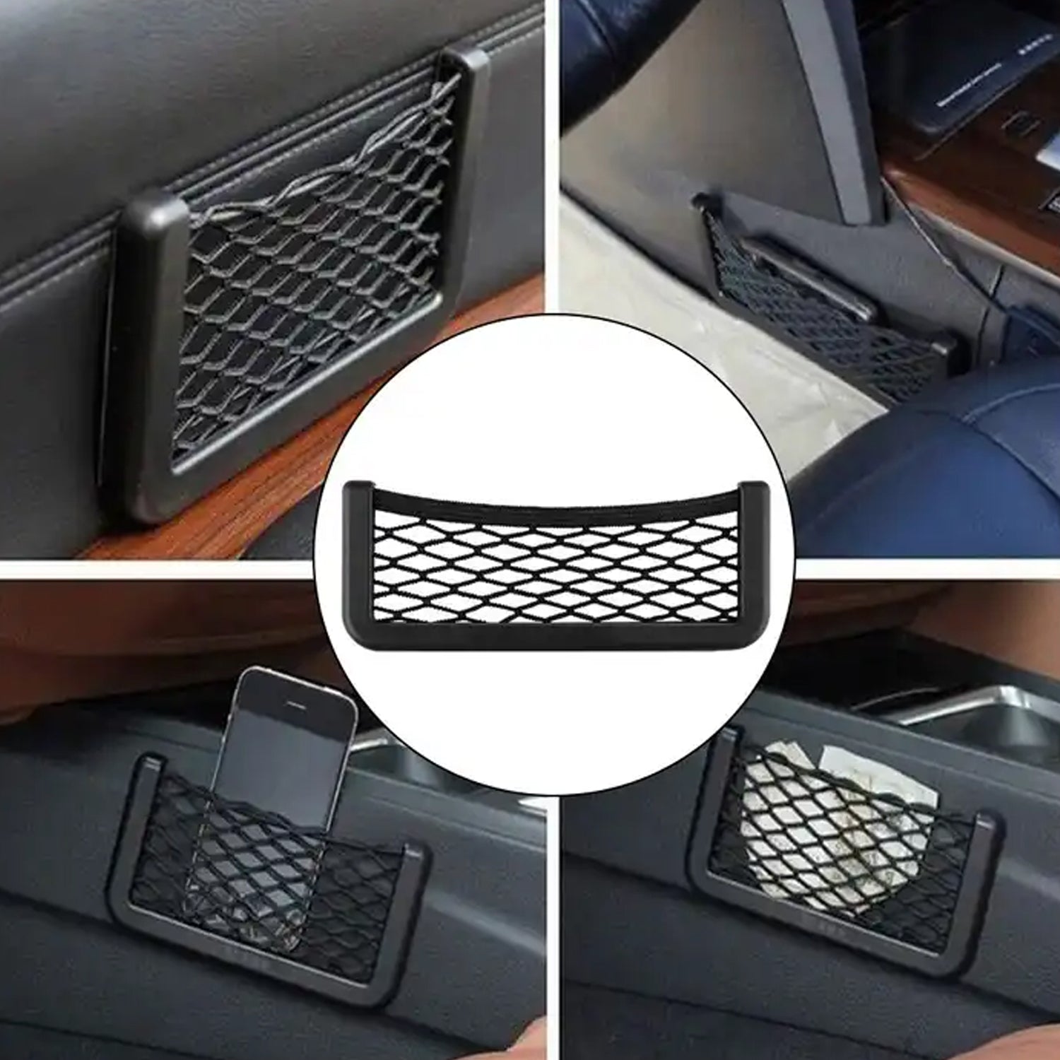 Car Seat Side Mesh Storage Pocket Organizer with Strong Adhesive | Elastic Car Net Bag for Mobile Phone, Wallet, Cards and Small Accessories (1 Pc)