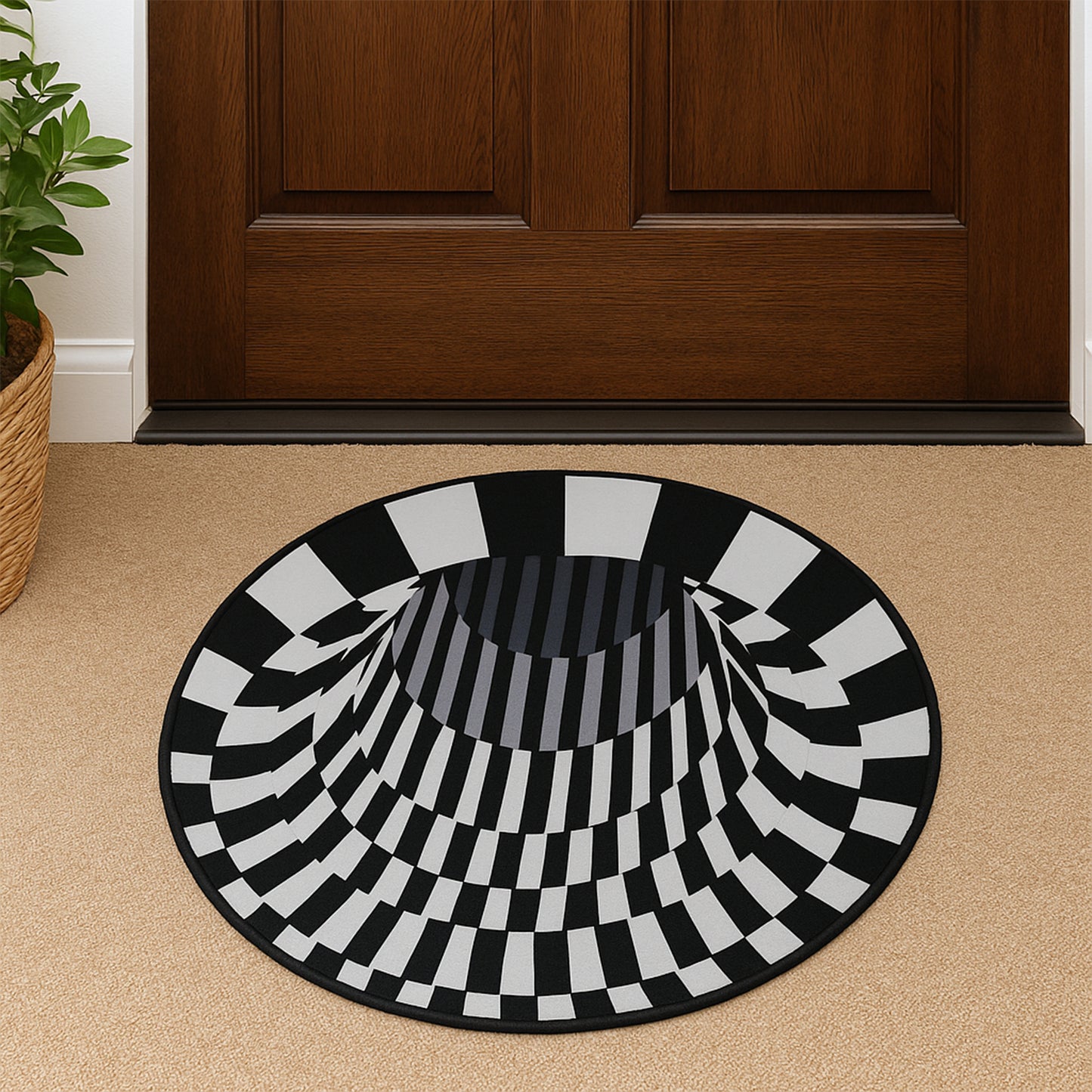 3D Optical Illusion Round Floor Rug / Doormat 60 Cm | Anti-Skid Soft Round Rug with Black & White Checkered Vortex Pattern for Living Room, Bedroom, Entryway & Office Décor (1 Pc)