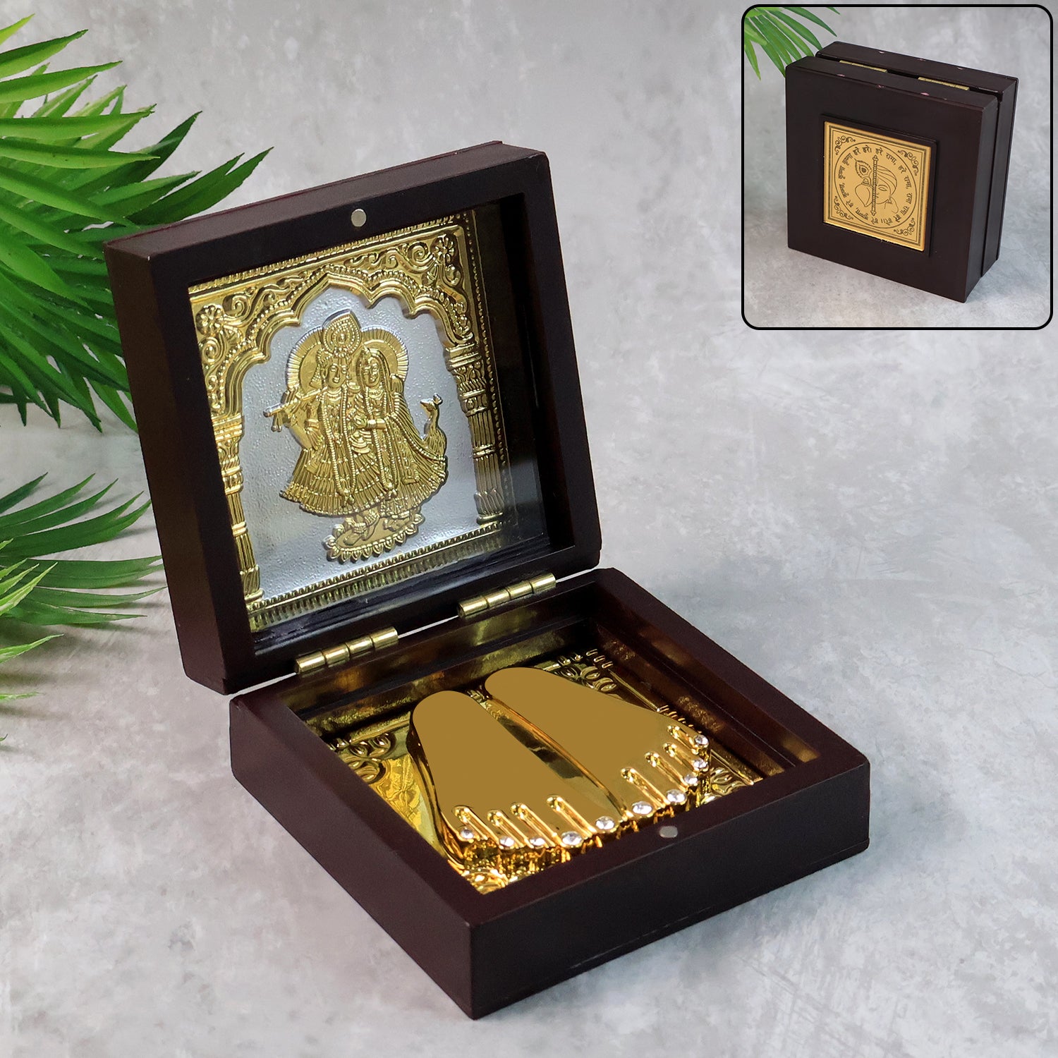 Golden Charan Paduka in Wooden Box with Radha Krishna Design for Pooja, Spiritual Gift, Home Temple and Religious Décor