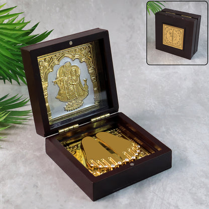 Golden Charan Paduka in Wooden Box with Radha Krishna Design for Pooja, Spiritual Gift, Home Temple and Religious Décor
