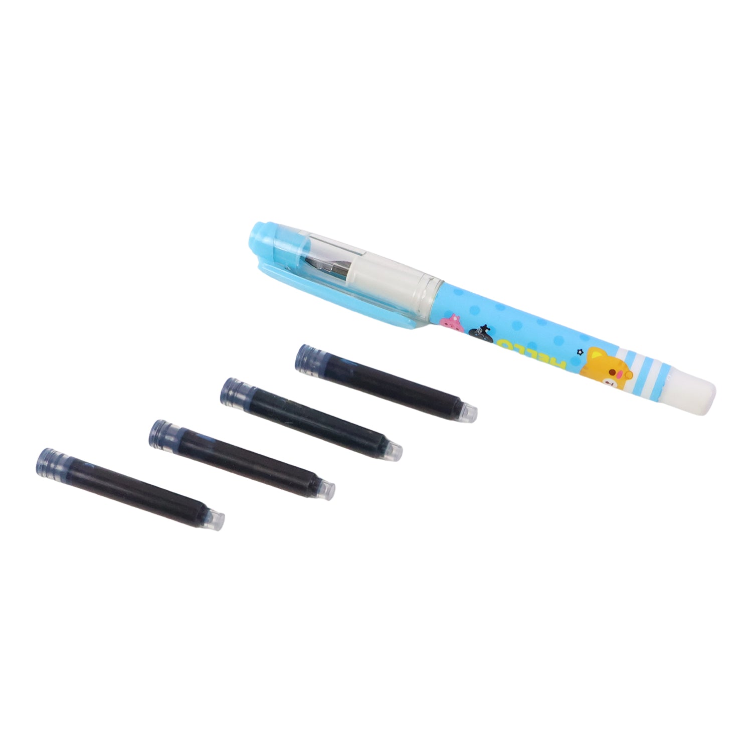 Cute Cartoon Liquid Ink-Pen Set with Refillable Ink Cartridges, Smooth Writing Fountain-Style Pen (1 Set)