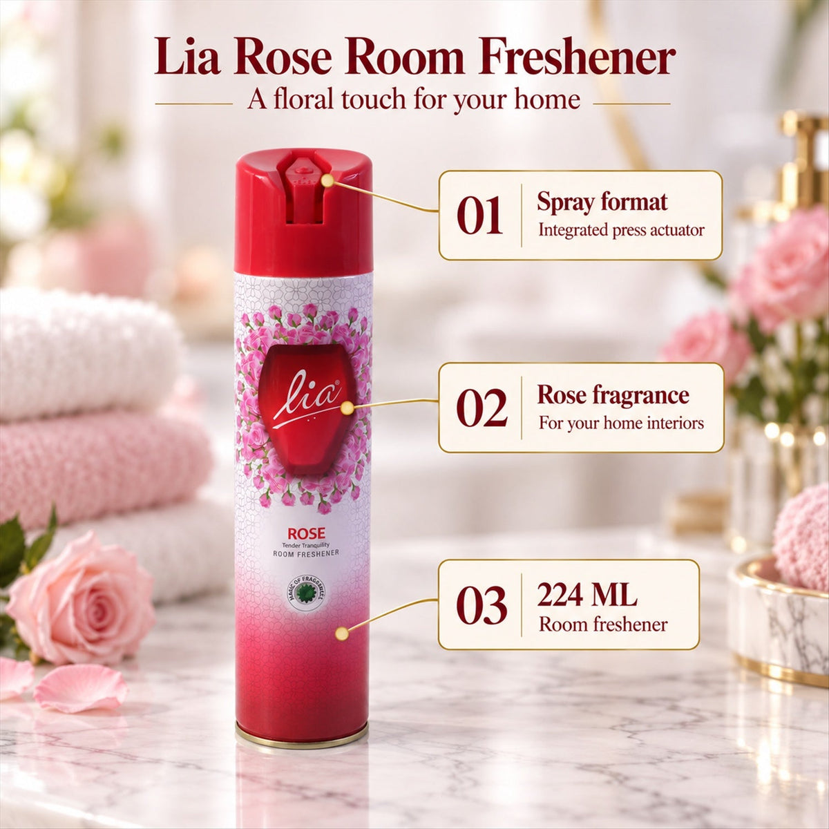 Rose Room Freshener Spray 224ml | Floral Fragrance Aerosol Air Freshener for Home, Bedroom, Bathroom and Office
