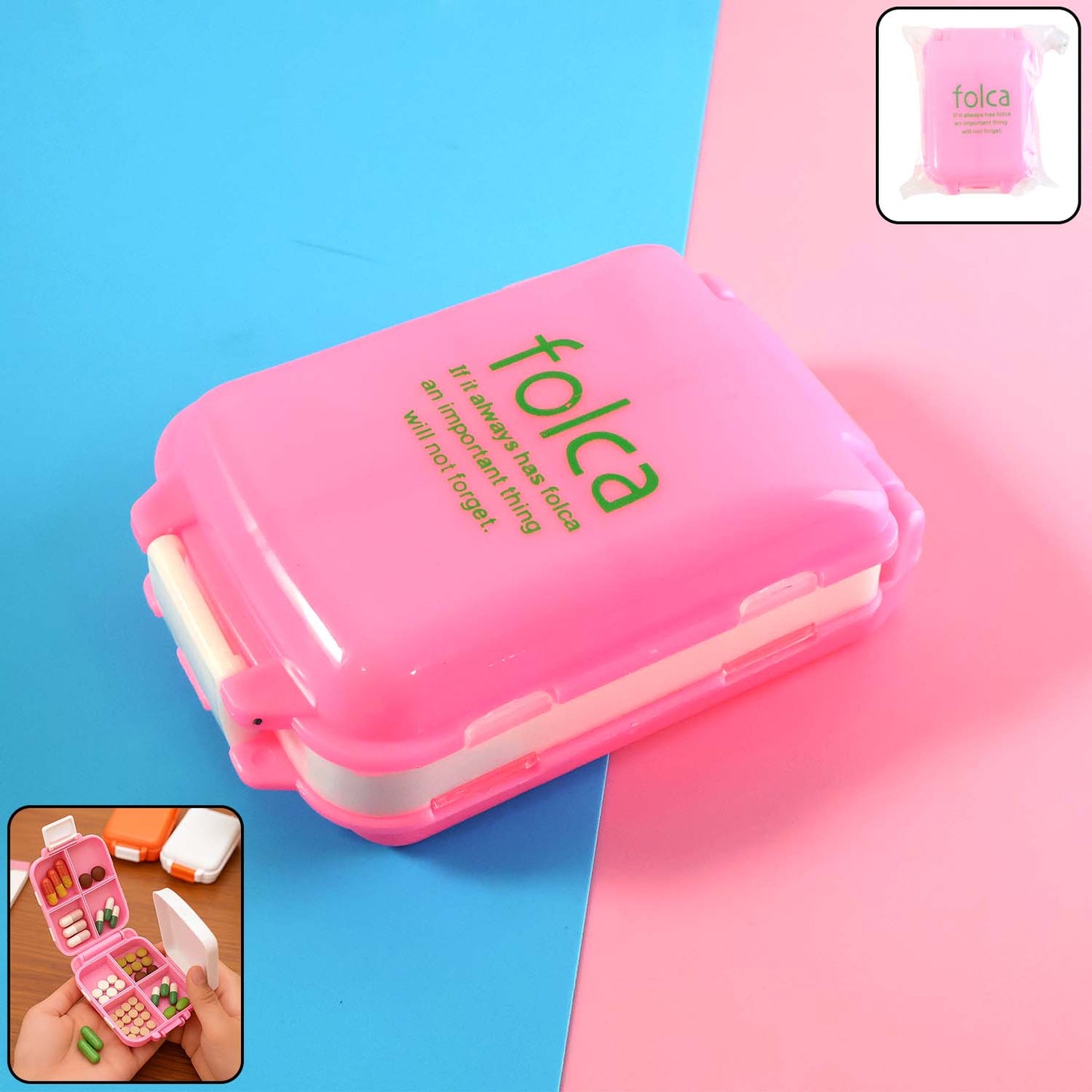 Portable Pink Dual-Sided Pill Organizer Box – 8-Compartment Pocket Medicine Case with Secure Snap Locks – Moisture-Resistant, BPA-Free Plastic Travel Storage for Daily Vitamins, Tablets and Small Essentials