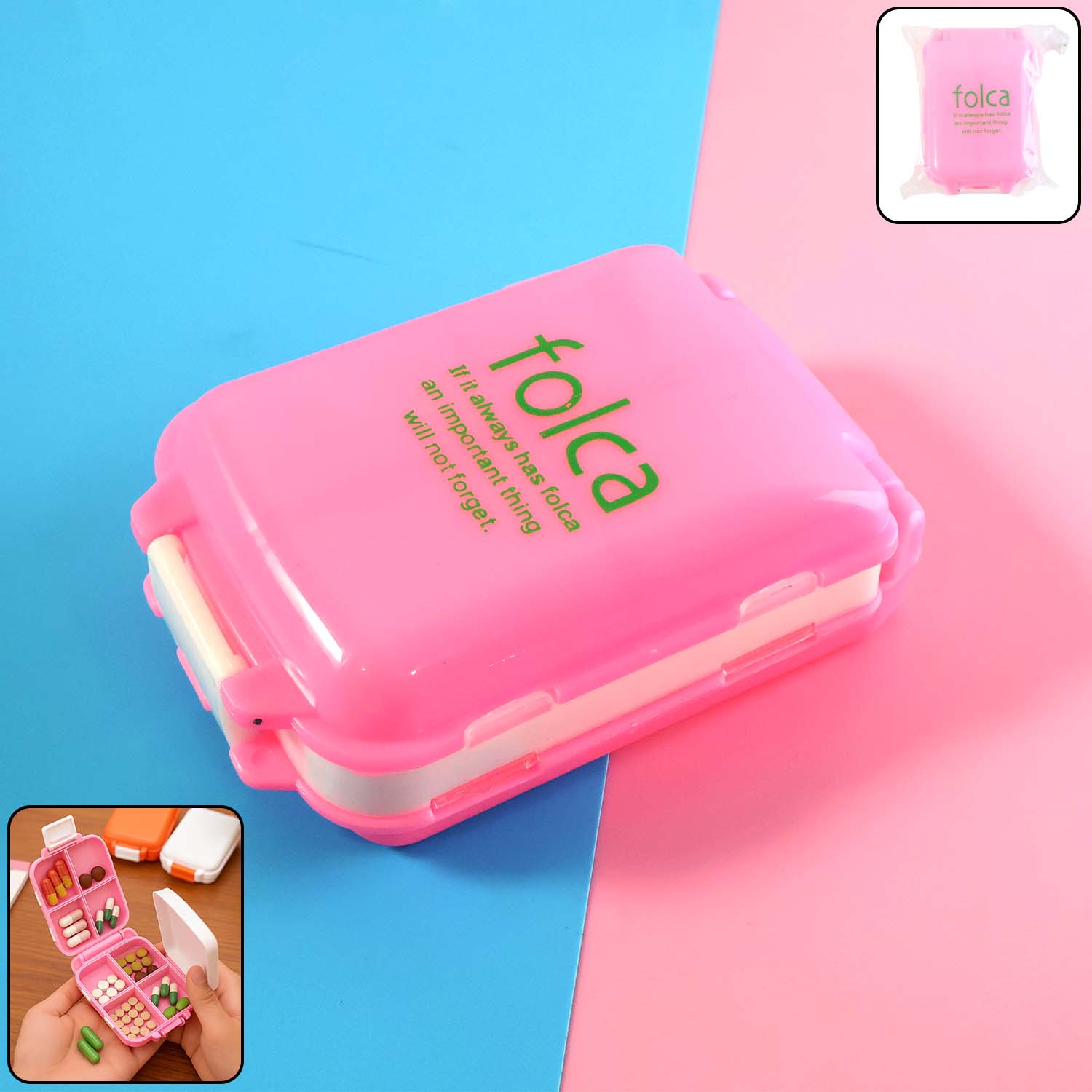 Portable Pink Dual-Sided Pill Organizer Box – 8-Compartment Pocket Medicine Case with Secure Snap Locks – Moisture-Resistant, BPA-Free Plastic Travel Storage for Daily Vitamins, Tablets and Small Essentials