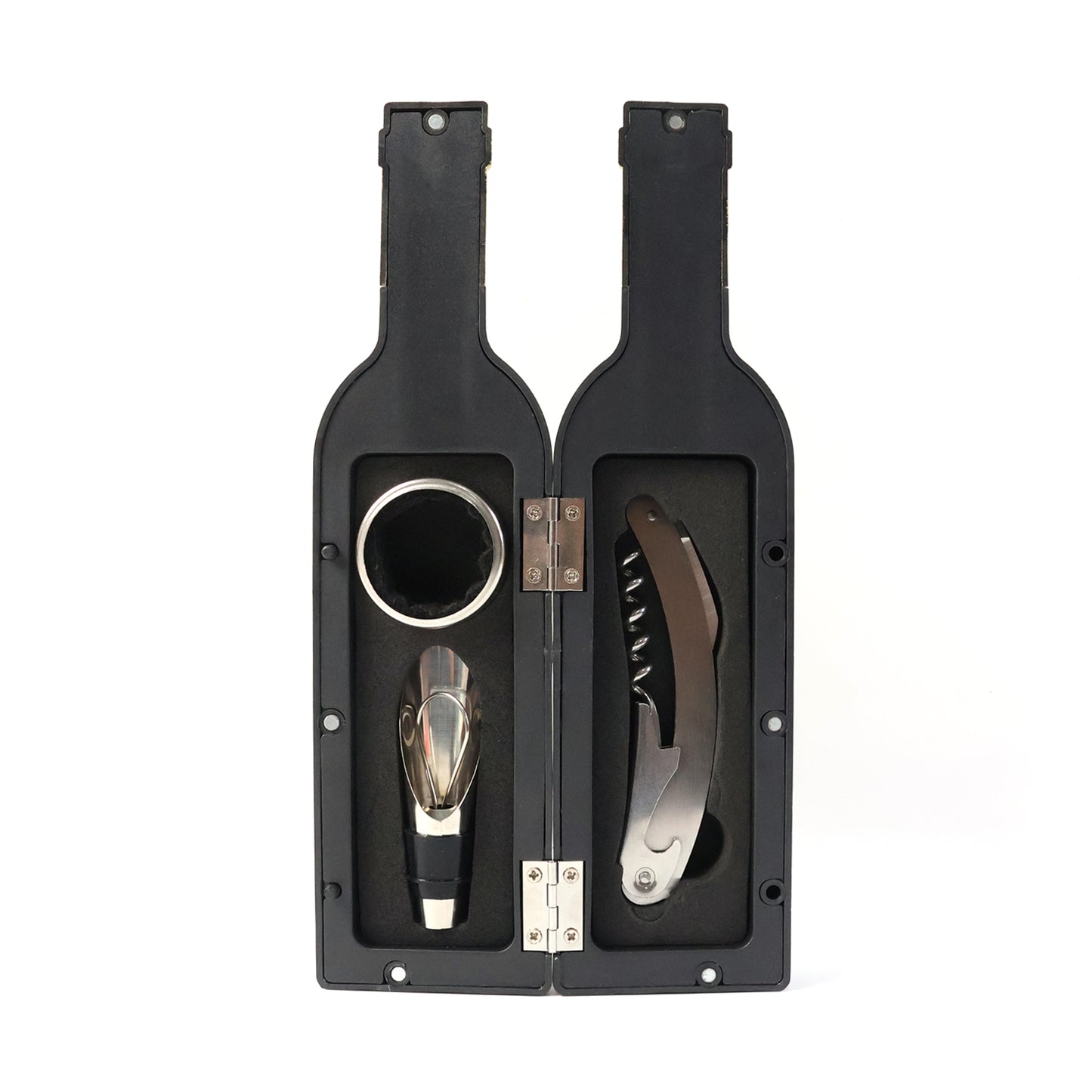 Premium Wine Bottle Shape Bar Accessory Gift Set – 4-in-1 Stainless Steel Wine Opener, Pourer, Stopper and Drip Ring Kit in Decorative Bottle Case for Home, Bar and Parties