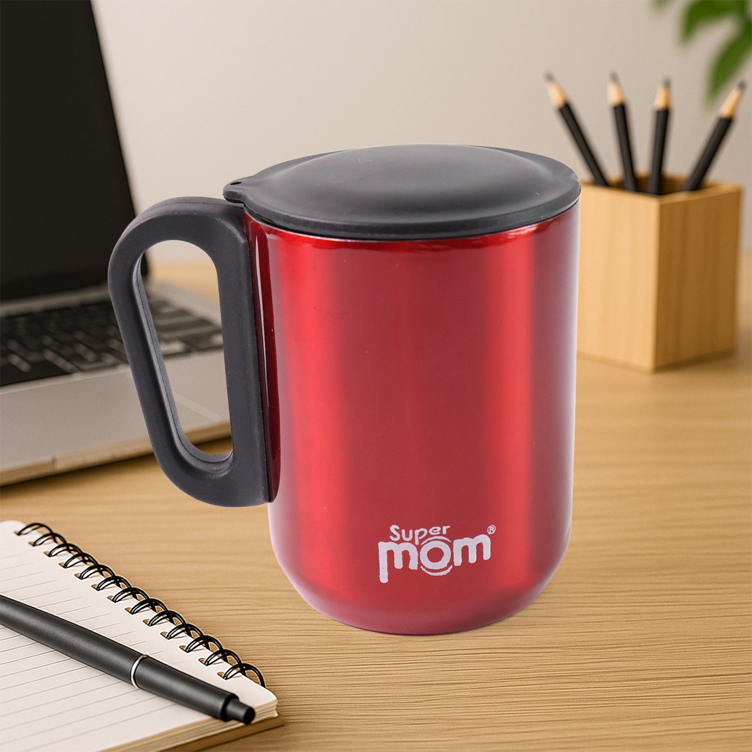 Stainless Steel Metallic Coffee Mug with Handle and Lid | Insulated Single Wall Steel Cup for Hot n Cold Beverages | Elegant Red Finish 300ML | 1 Pc