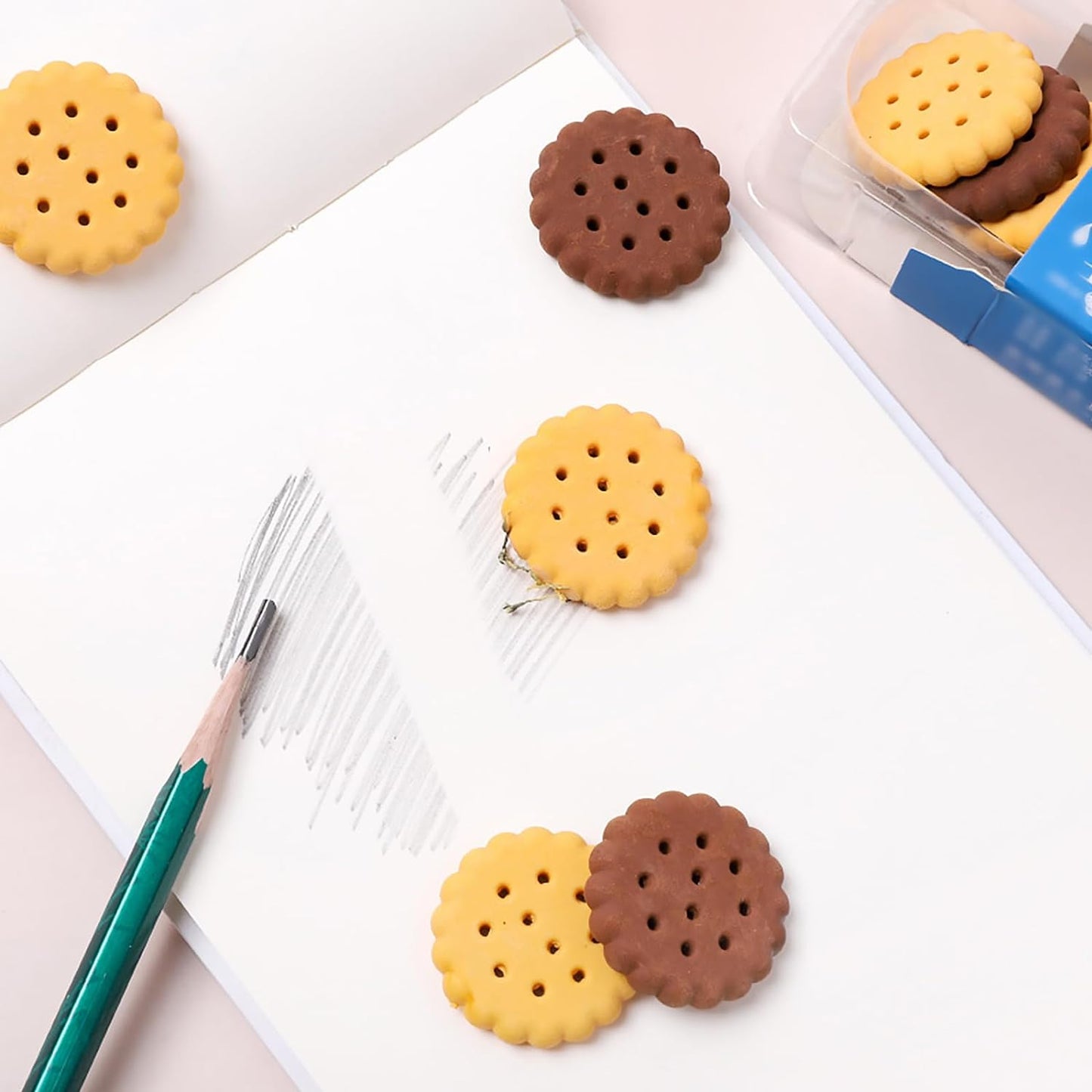 Pack of 6 Biscuit Shape Erasers – Cute Creative Rubber Erasers for School, Drawing, Gifts and Party Favors