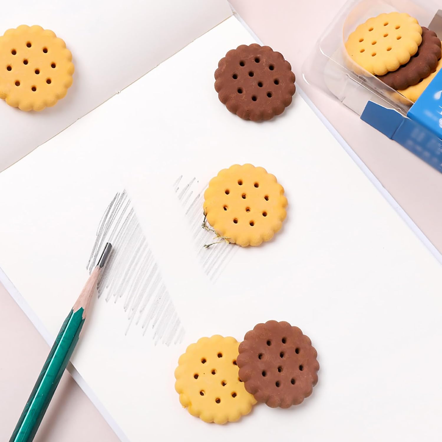 Pack of 6 Biscuit Shape Erasers – Cute Creative Rubber Erasers for School, Drawing, Gifts and Party Favors