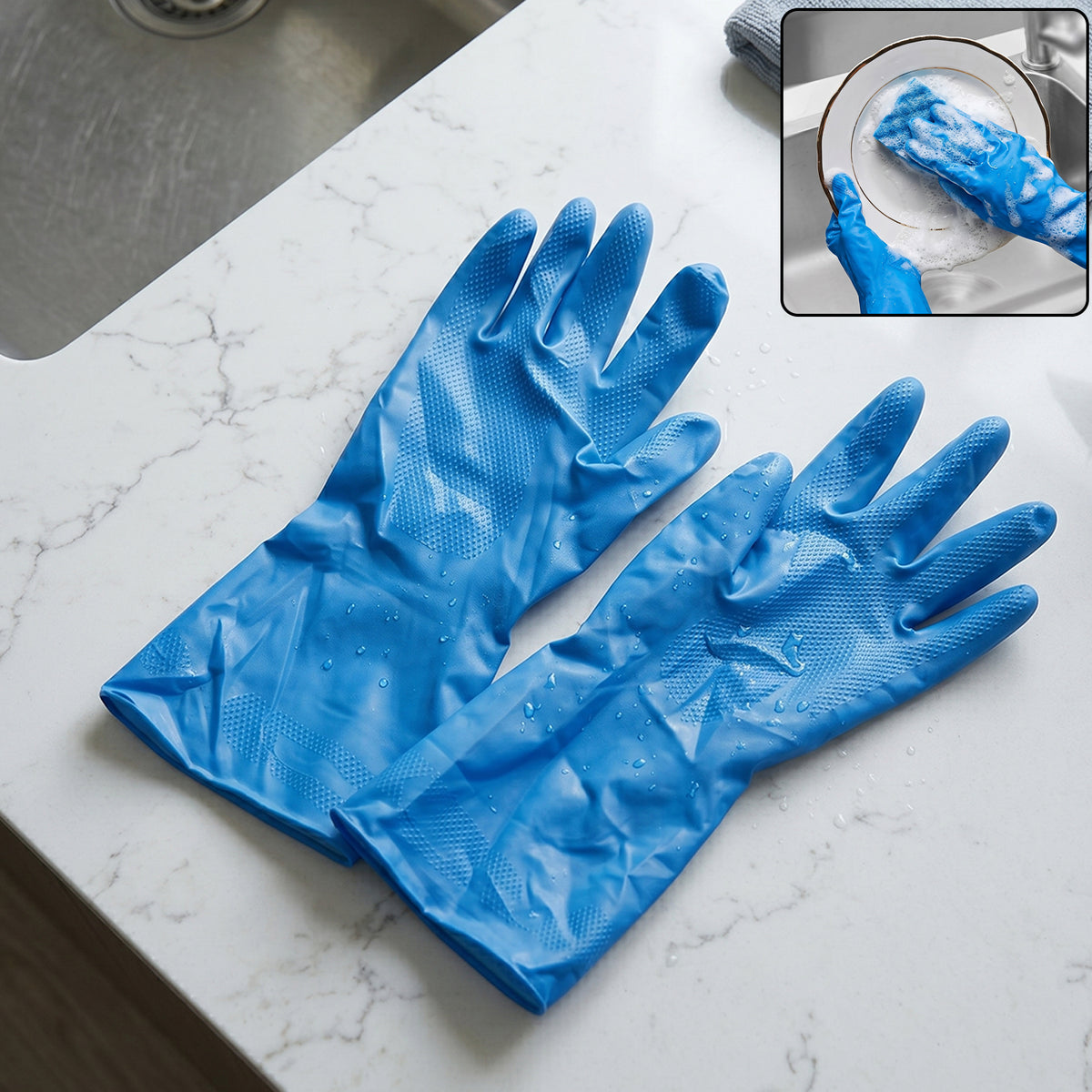 Large Blue Rubber Cleaning Gloves for Dishwashing and Household Cleaning, Reusable Waterproof Gloves for Kitchen, Bathroom and Daily Chores (1 Pair)