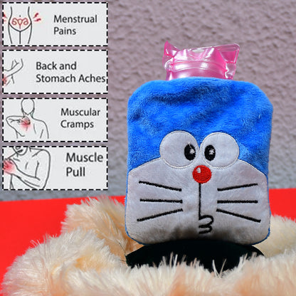 Doraemon Small Hot Water Bag with Soft Cover – Portable Natural Rubber Heat Therapy Bottle for Pain Relief, Menstrual Cramps, Neck, Shoulder, Back and Hand Warmer