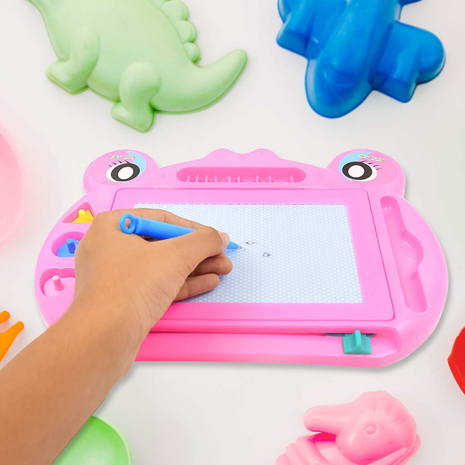 Frog Magic Sketch Slate and Drawing Board for Kids – Educational Erasable Writing Tablet with Pen and Shape Stencils (28 × 20 cm)