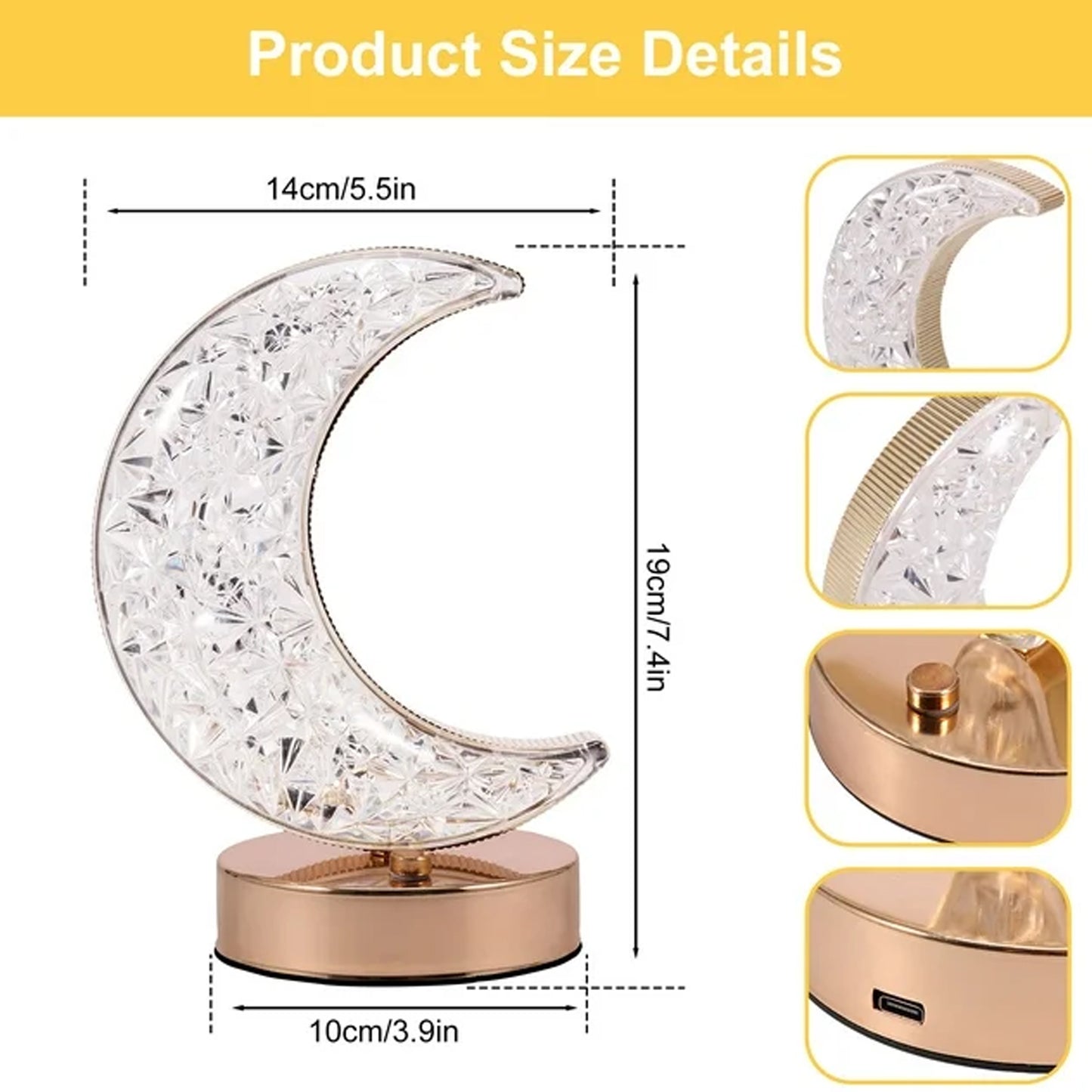 Crystal Moon Shape LED Table Lamp with Touch Control USB Rechargeable 3 Color Stepless Dimming Bedside Night Light for Bedroom Living Room and Home Decor (1 Piece)