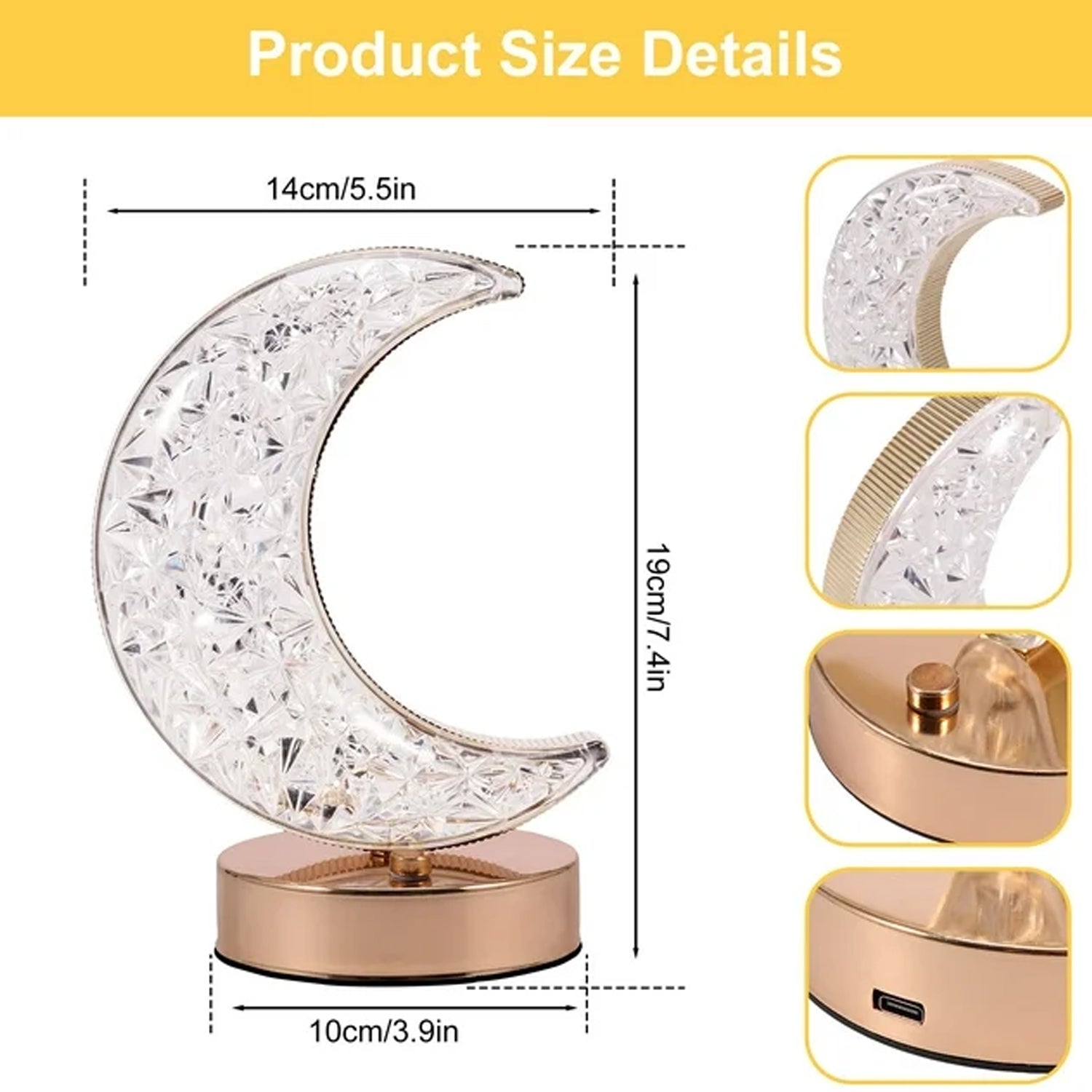 Crystal Moon Shape LED Table Lamp with Touch Control USB Rechargeable 3 Color Stepless Dimming Bedside Night Light for Bedroom Living Room and Home Decor (1 Piece)