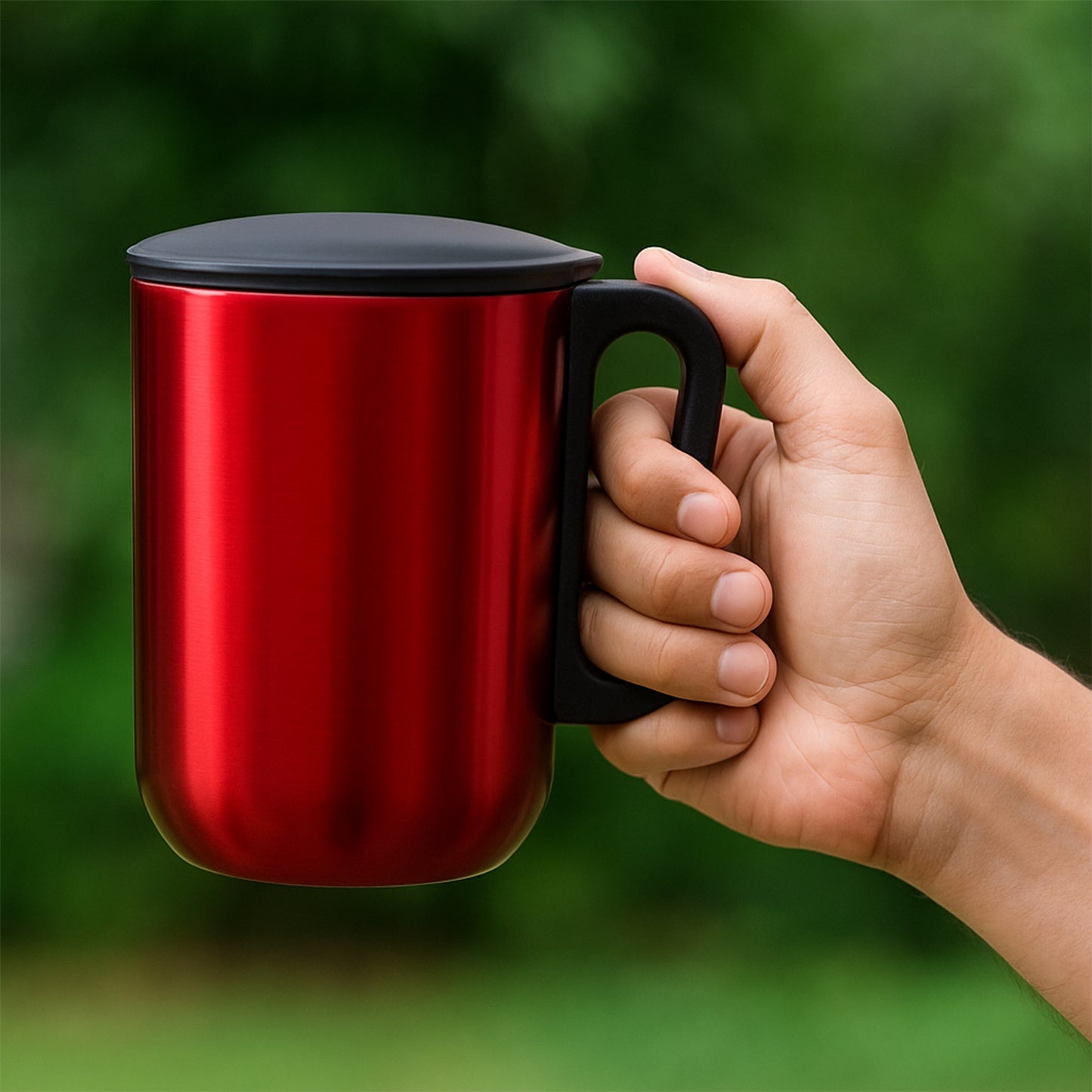 Stainless Steel Metallic Coffee Mug with Handle and Lid | Insulated Single Wall Steel Cup for Hot n Cold Beverages | Elegant Red Finish 300ML | 1 Pc
