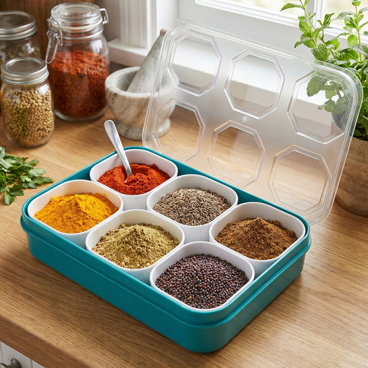 Plastic Masala Masti Box with 6 Compartments Transparent Lid Spice Storage Container Kitchen Organizer for Spices Herbs Dry Fruits and Dry Ingredients (1 Set)
