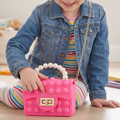 Kids Pop It Fidget Purse Silicone Push Bubble Sling Bag with Pearl Handle and Chain Strap Cute Mini Handbag for Girls Party Gift (1 Pc)