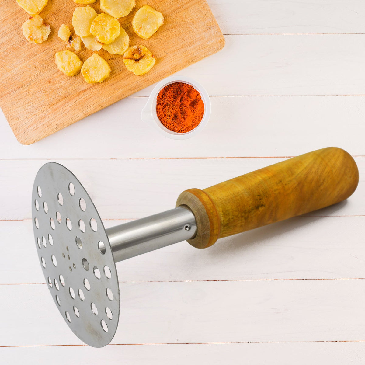 Stainless Steel Potato Masher with Wooden Handle, Heavy-Duty Vegetable Crusher and Pav Bhaji Masher for&nbsp; Everyday Kitchen Cooking (1 Pc)