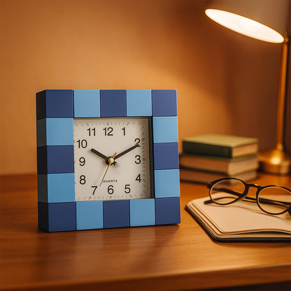 Square Quartz Table Clock Battery Operated Analog Desk Clock with Easy Read Dial and Modern Block Pattern Frame for Home, Office and Study Table