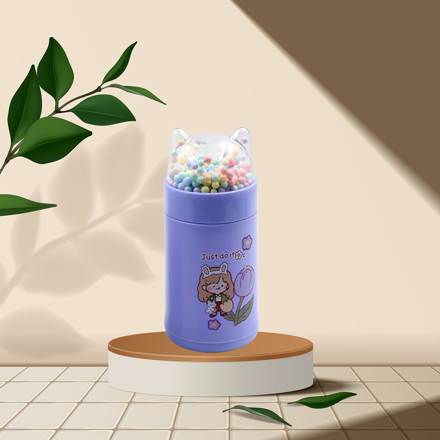 Girl Glass Water Bottle for School 350ml with Sparkle Strap Cat Lid Glitter Sequins Leakproof Glass Drinking Bottle for Kids