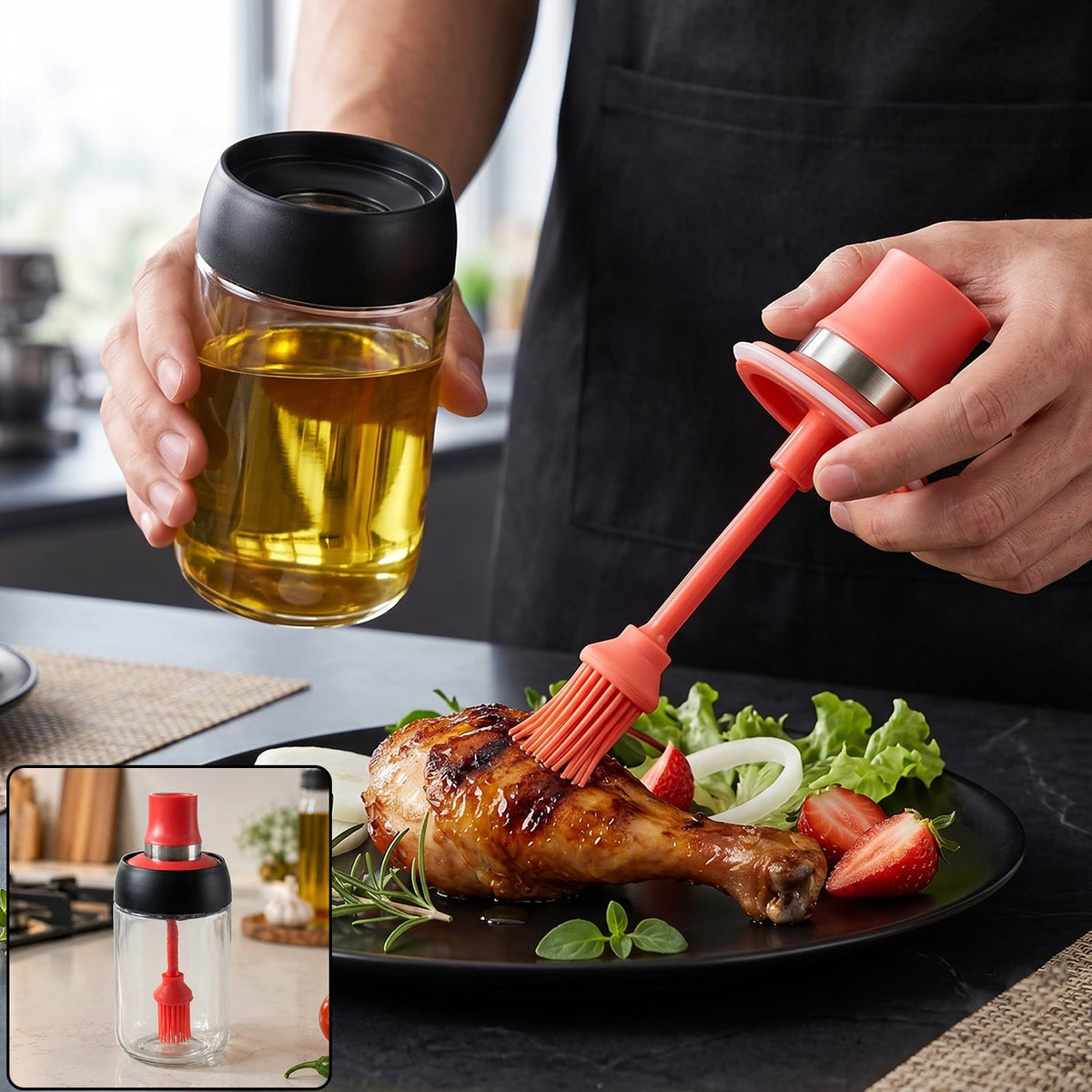 250 ML Glass Oil Dispenser Bottle with Silicone Basting Brush for Cooking, Grilling and Baking (1 Pc)