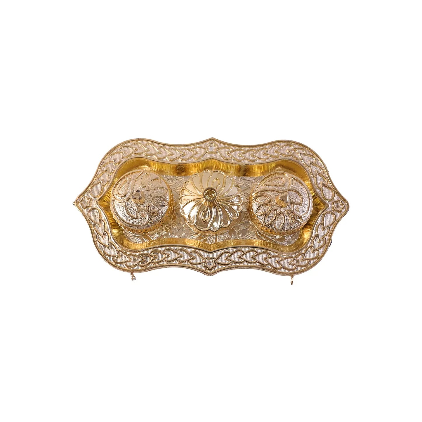 Triveni Kankavati Kumkum Holder, Decorative Golden 3 Compartment Roli Chawal Haldi Box for Puja, Tilak, Home Temple and Festive Rituals (1 Pc)