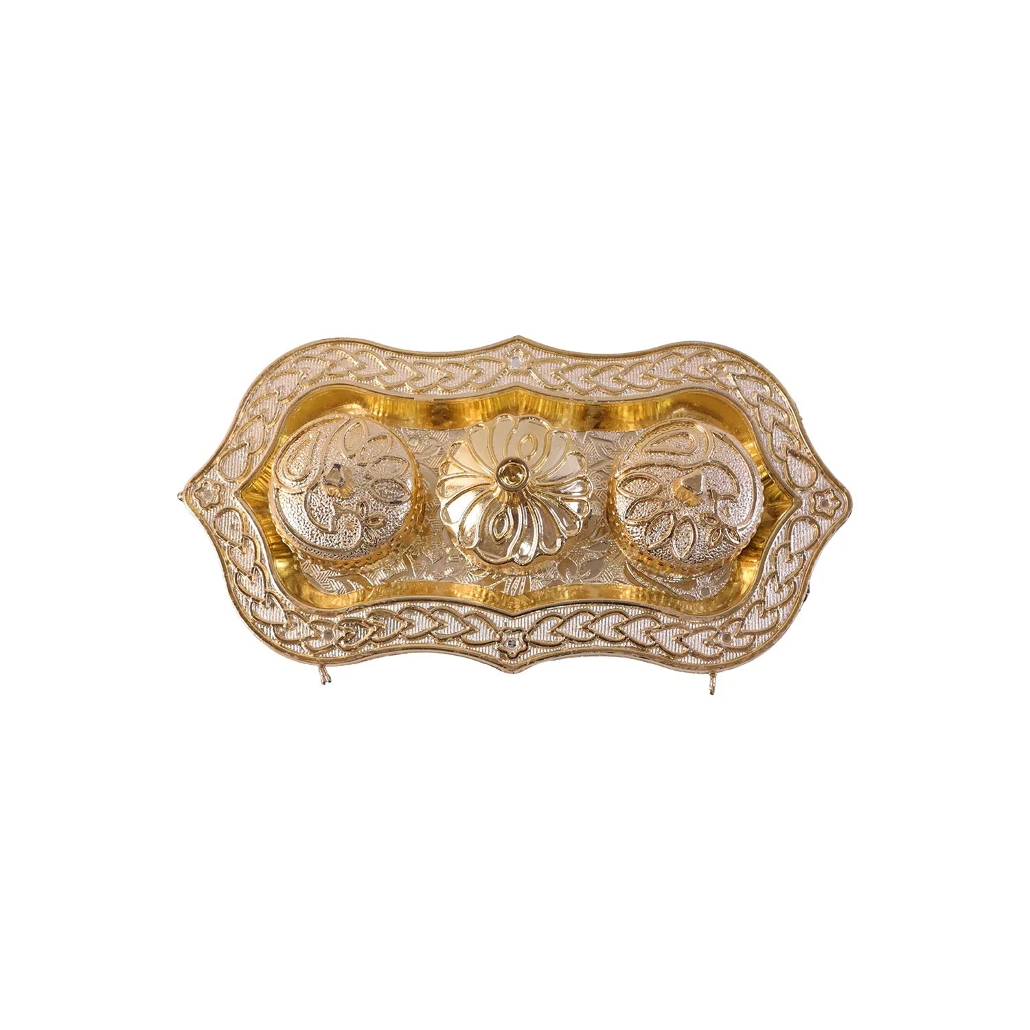Triveni Kankavati Kumkum Holder, Decorative Golden 3 Compartment Roli Chawal Haldi Box for Puja, Tilak, Home Temple and Festive Rituals (1 Pc)