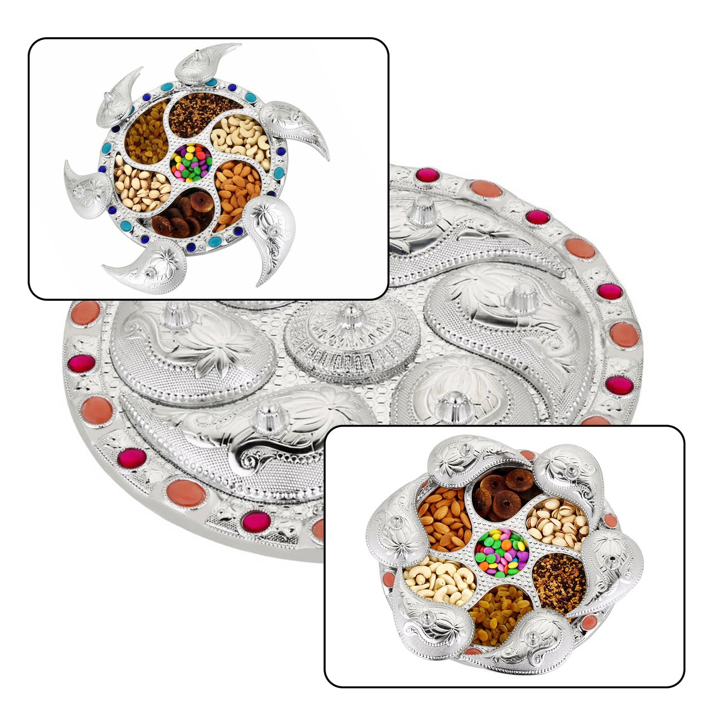 Multipurpose 7 Compartment Rotating Dry Fruit Serving Tray with Lid for Snacks, Candy, Chocolate, Namkeen and Masala Storage (1 Pc)