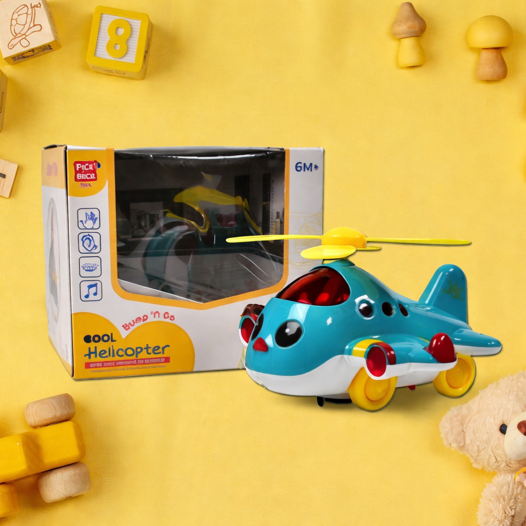 Helicopter Airplane Musical Toy for Toddlers with Lights and Sound – Electronic Moving Aeroplane Toy with 360° Rotation, Bump and Go Action and Flashing Lights – Crawling Encouragement Development Toy for Kids