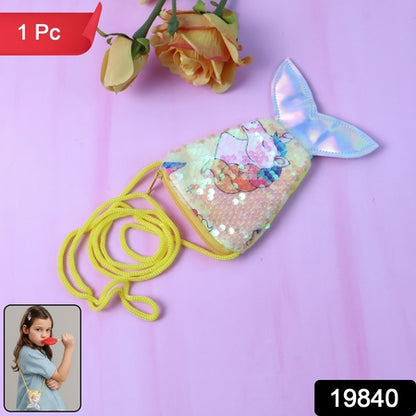 Mermaid Tail Shaped Kids Sling Bag with Colorful Reversible Sequins and Cartoon Print Crossbody Shoulder Bag for Girls