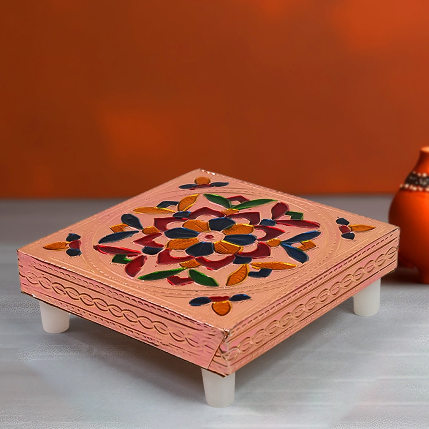 Handcrafted Meenakari Wooden Chowki Bajot for Puja | Hand Painted Multicolour Wooden Pooja Stand for God Idols, Kalash, Diya and Home Temple Décor (1 Piece)