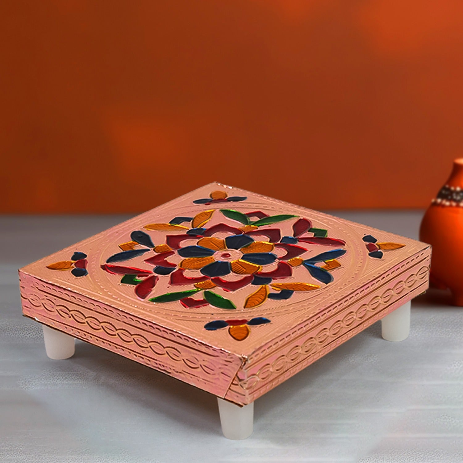 Handcrafted Meenakari Wooden Chowki Bajot for Puja | Hand Painted Multicolour Wooden Pooja Stand for God Idols, Kalash, Diya and Home Temple Décor (1 Piece)