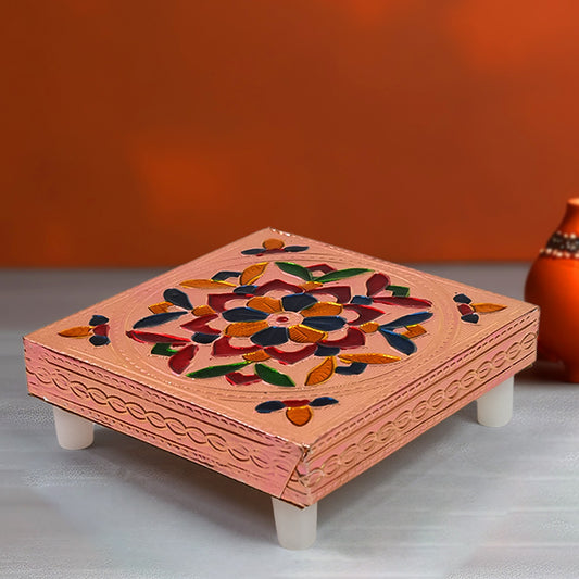 Handcrafted Meenakari Wooden Chowki Bajot for Puja | Hand Painted Multicolour Wooden Pooja Stand for God Idols, Kalash, Diya and Home Temple Décor (1 Piece)