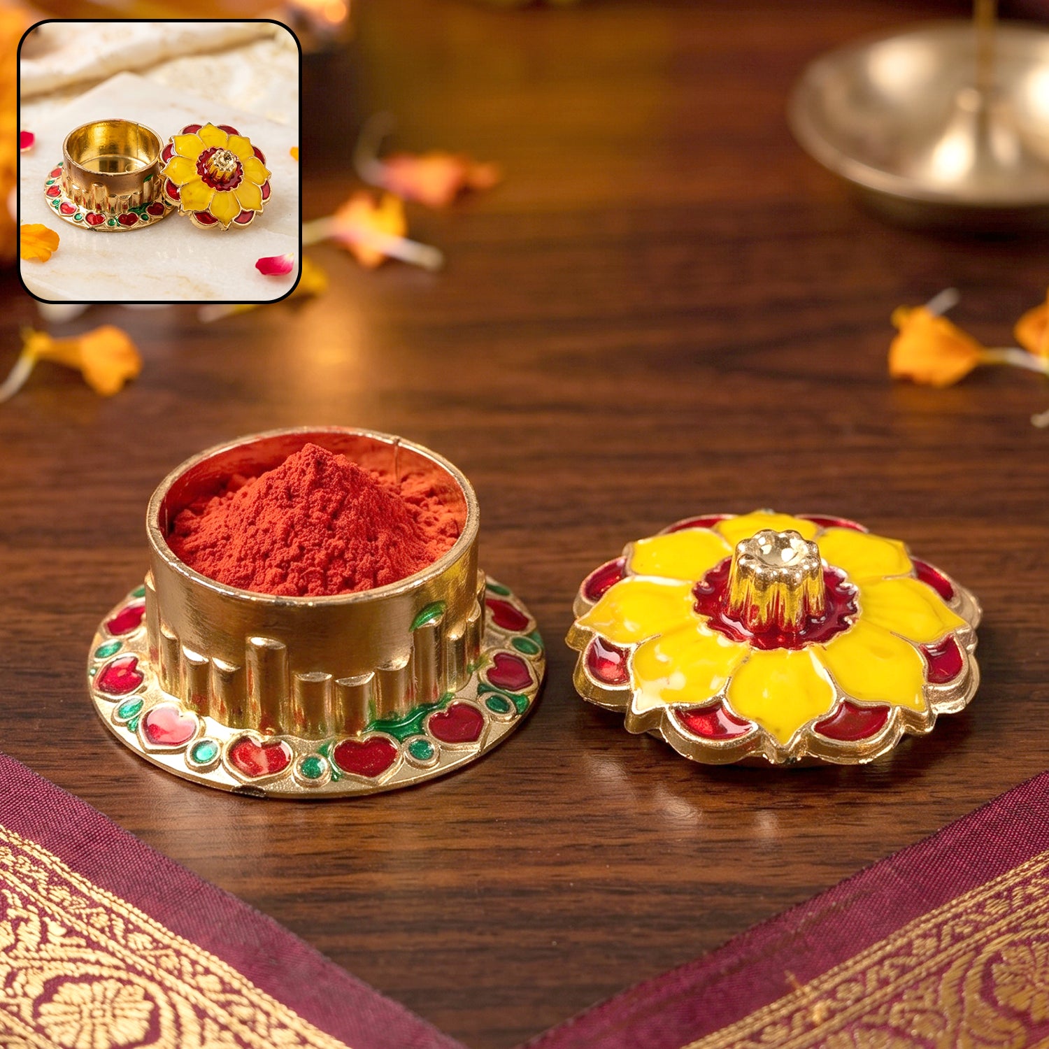 Decorative Golden Kumkum Box Kankavati Traditional Sindoor Holder for Pooja, Temple, Worship and Home Decoration (1 Pc)