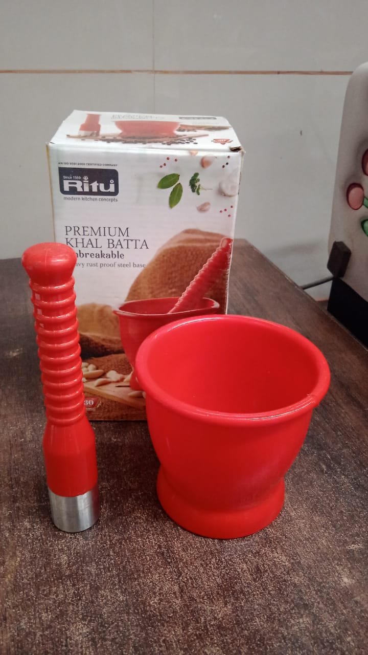 Heavy Duty Plastic Khal Batta Set with Stainless Steel Base for Spices, Herbs and Masala Grinding