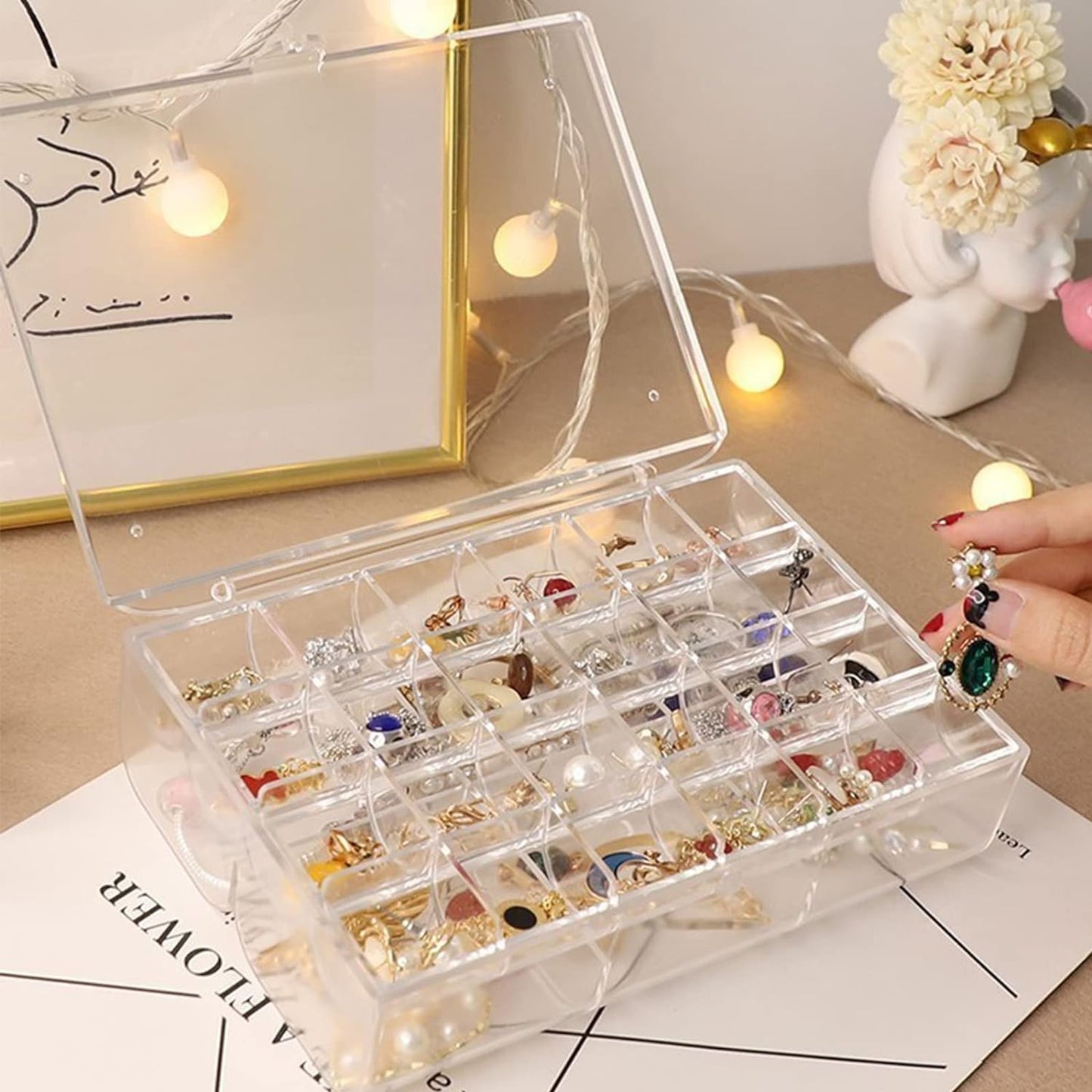 2 Layer Acrylic Jewelry Storage Box 30 Compartment Transparent Organizer for Earrings Rings Makeup Nail Art and Accessories (1 Pc)