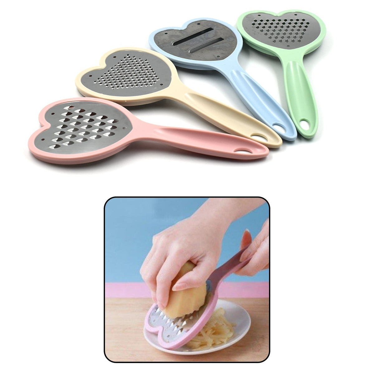 Heart Shape Stainless Steel Grater and Slicer Set with Plastic Outline for Fruits, Vegetables and Cheese