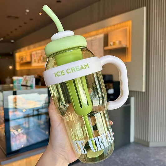 Large Capacity (1300ML) Cute Ice Cream Themed Water Bottle with Handle, Straw & Fruit Infuser – Leakproof Sipper for Kids & Adults