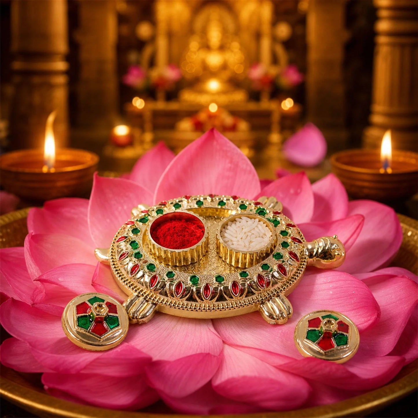Tortoise Shaped Kankavati Kumkum Holder, Decorative Golden Roli Chawal Box for Puja, Tilak, Home Temple and Festive Rituals (1 Pc)