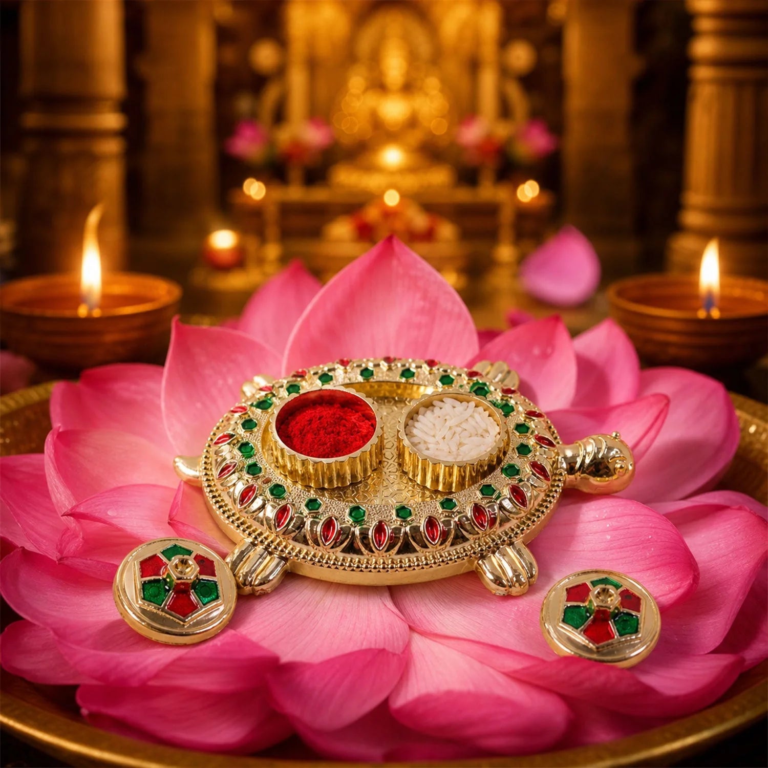 Tortoise Shaped Kankavati Kumkum Holder, Decorative Golden Roli Chawal Box for Puja, Tilak, Home Temple and Festive Rituals (1 Pc)
