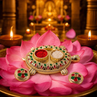Tortoise Shaped Kankavati Kumkum Holder, Decorative Golden Roli Chawal Box for Puja, Tilak, Home Temple and Festive Rituals (1 Pc)