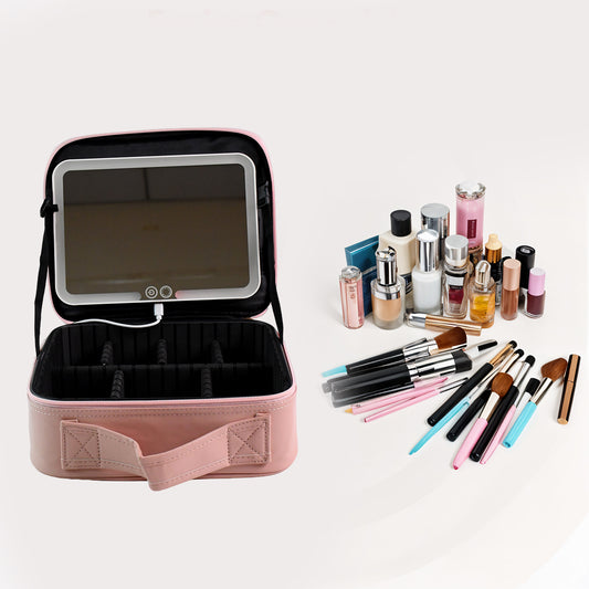 Premium LED Light Makeup Organizer Box with Touch Sensor Mirror USB Rechargeable Cosmetic Storage Case Adjustable Compartments Travel Makeup Bag with Brush Pouch (1 Pc)