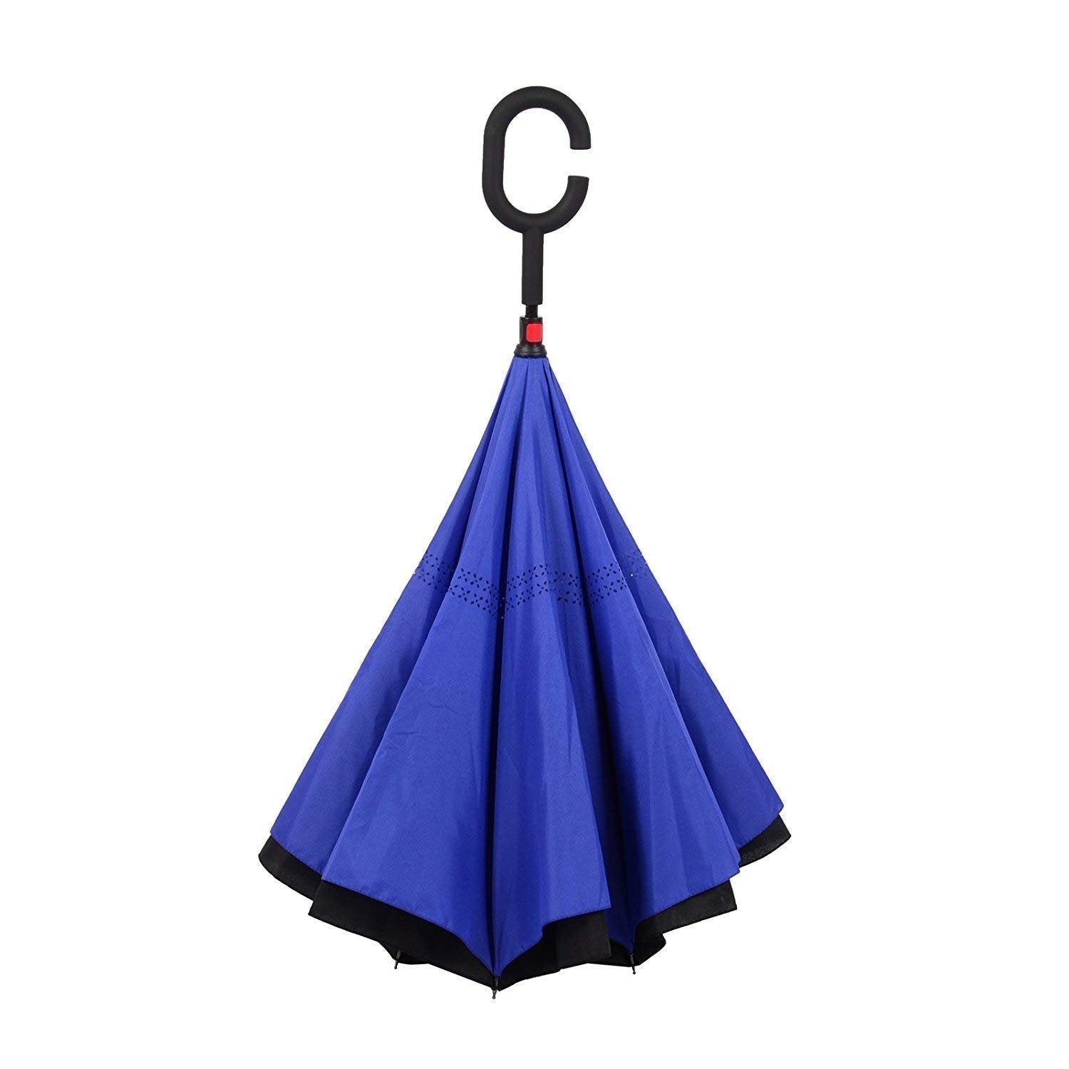 Plain Design Windproof Reverse Umbrella with C Shaped Handle, Upside Down Double Layer Inverted Waterproof Umbrella for Car Travel and Daily Use