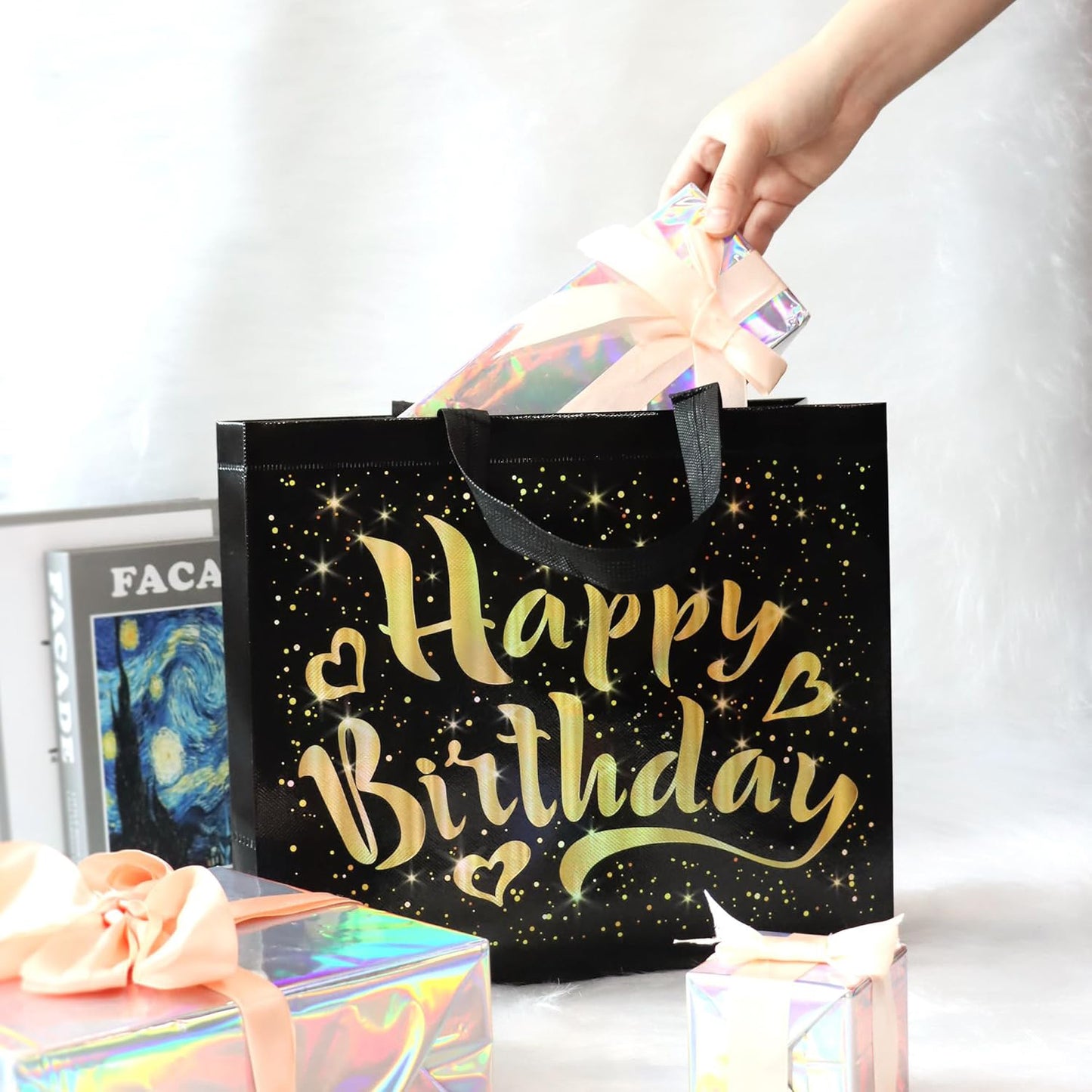 Birthday Gift Bag with Gold Shiny Stars – Reusable Non Woven Party Gift Bag for Kids and Adults with Sturdy Base – 1 Piece