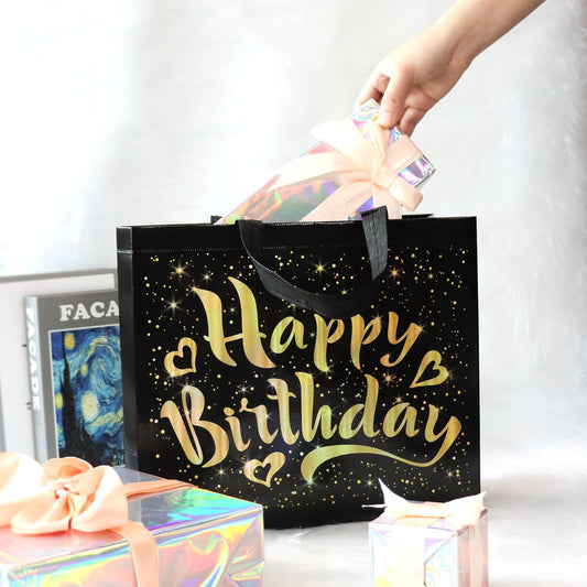 Birthday Gift Bag with Gold Shiny Stars – Reusable Non Woven Party Gift Bag for Kids and Adults with Sturdy Base – 1 Piece