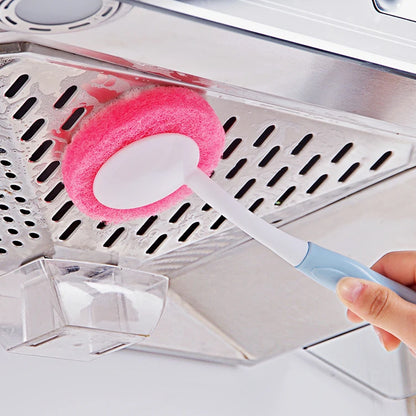 Long Handle Kitchen Dish Scrubber Brush with Soft Round Sponge Head – Ergonomic Non-Slip Grip, Strong Yet Gentle Cleaning for Plates, Pans, Bottles and Sink – Quick-Dry Hanging Hole, Durable Plastic Handle (1 Pc)