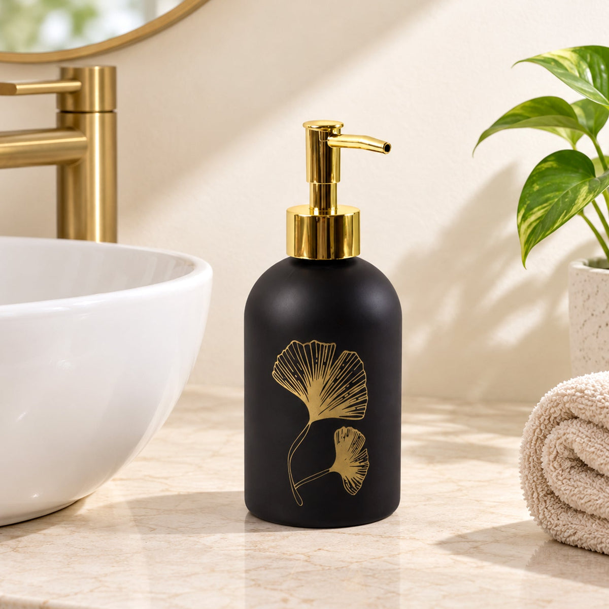 Manual Liquid Soap Dispenser with Decorative Leaf Design, Refillable Hand Wash Bottle with Press Pump for Bathroom, Kitchen Sink and Washbasin (1 Pc)