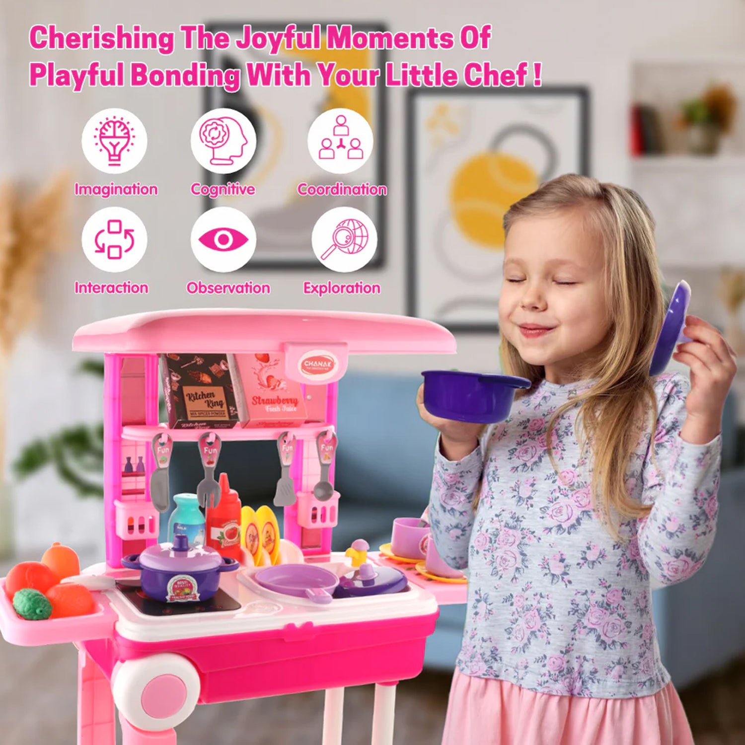 3 in 1 Kids Kitchen Play Set Trolley Suitcase Portable Pretend Cooking Toy with Accessories for Girls and Boys 3+ Years (1 Set)