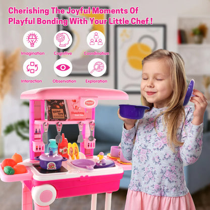 3 in 1 Kids Kitchen Play Set Trolley Suitcase Portable Pretend Cooking Toy with Accessories for Girls and Boys 3+ Years (1 Set)