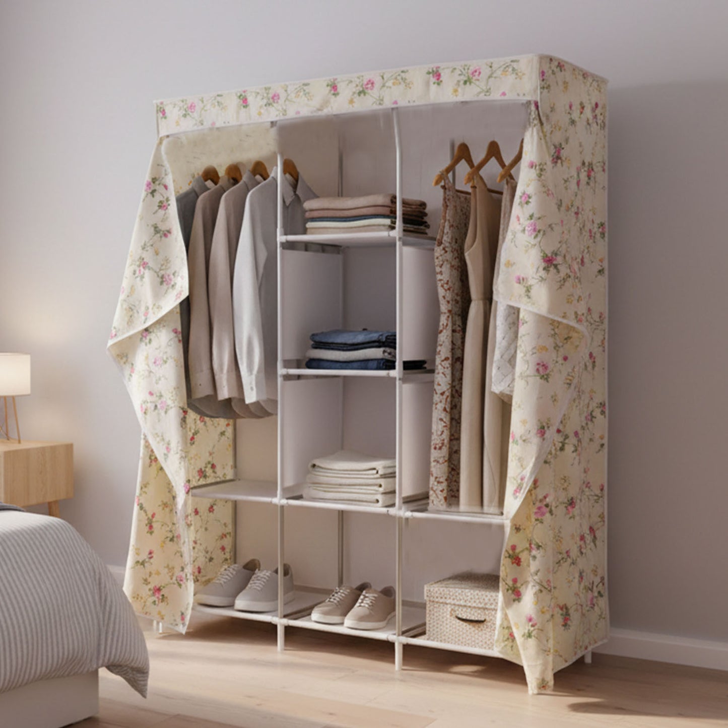 8 Compartment Portable Fabric Wardrobe Closet with Hanging Rods and Storage Shelves Heavy Duty Foldable Cloth Almirah Organizer for Bedroom Clothes Blankets Toys and Accessories (1 Set)
